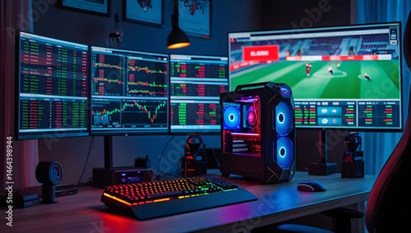 Fototapeta This high-resolution image captures a modern, high-tech trading room setup that doubles as a gaming workstation. The sleek black desk features four curved monitors