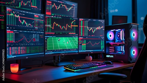 Fototapeta This high-resolution image captures a modern, high-tech trading room setup that doubles as a gaming workstation. The sleek black desk features four curved monitors