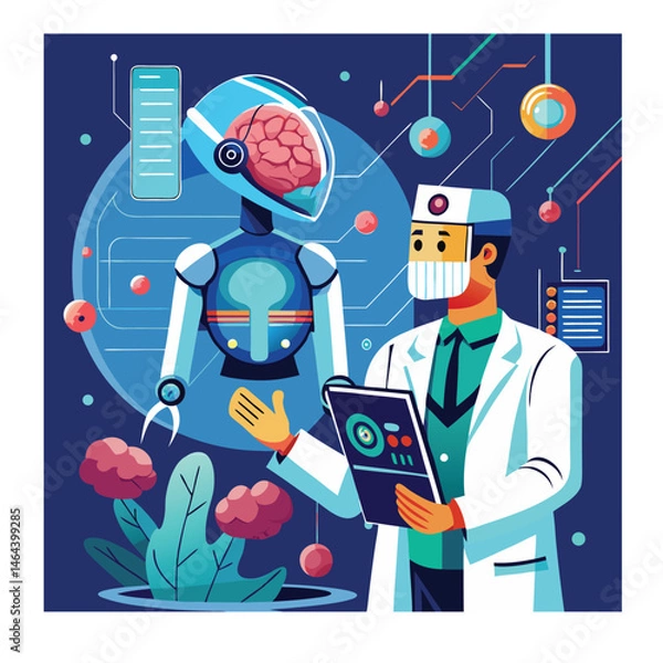 Fototapeta An AI-powered doctor examines a 3D model of the human brain on a holographic interface