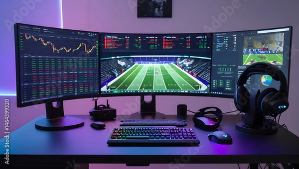 Fototapeta This high-resolution image captures a modern, high-tech trading room setup that doubles as a gaming workstation. The sleek black desk features four curved monitors