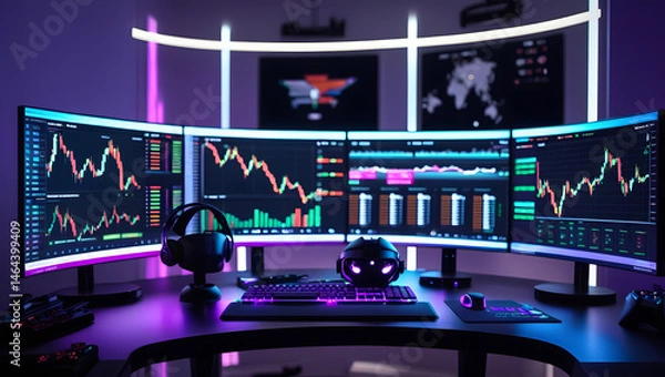 Fototapeta This high-resolution image captures a modern, high-tech trading room setup that doubles as a gaming workstation. The sleek black desk features four curved monitors