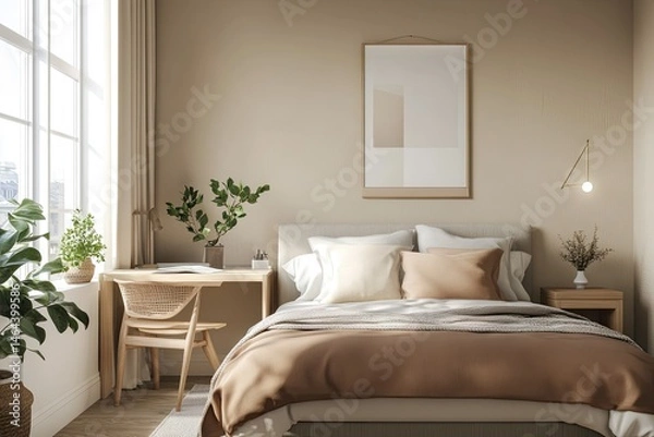 Fototapeta Cozy and modern bedroom featuring a neatly made bed with warm-toned bedding. a stylish desk by the window. and natural light illuminating the serene autumn scenery outside