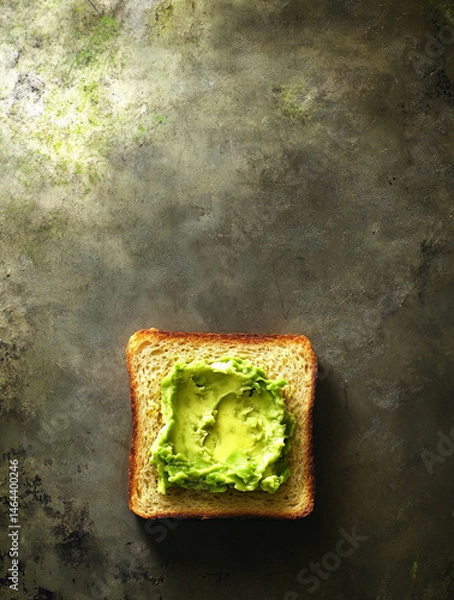 Fototapeta smashed avocado on toasted slice of sandwich bread, empty background, top view