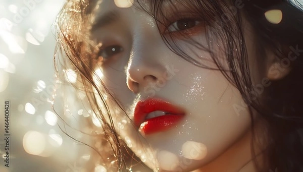 Obraz Close-up of an Asian woman's face. She is wet and wearing lipstick.