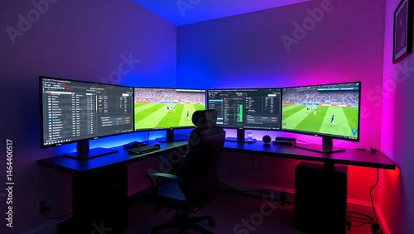 Fototapeta This high-resolution image captures a modern, high-tech trading room setup that doubles as a gaming workstation. The sleek black desk features four curved monitors