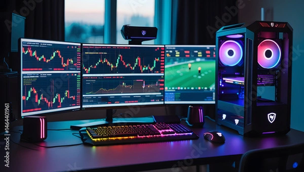 Fototapeta This high-resolution image captures a modern, high-tech trading room setup that doubles as a gaming workstation. The sleek black desk features four curved monitors