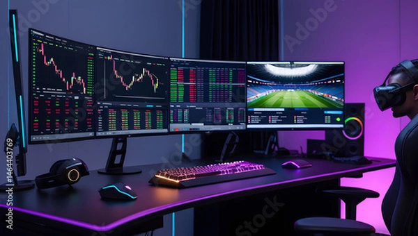 Fototapeta This high-resolution image captures a modern, high-tech trading room setup that doubles as a gaming workstation. The sleek black desk features four curved monitors