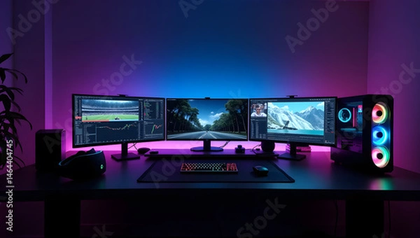 Fototapeta This high-resolution image captures a modern, high-tech trading room setup that doubles as a gaming workstation. The sleek black desk features four curved monitors