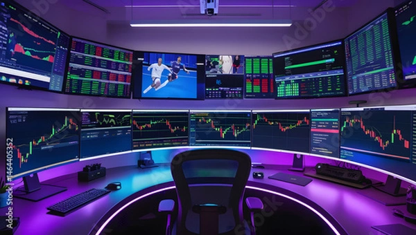 Fototapeta This high-resolution image captures a modern, high-tech trading room setup that doubles as a gaming workstation. The sleek black desk features four curved monitors