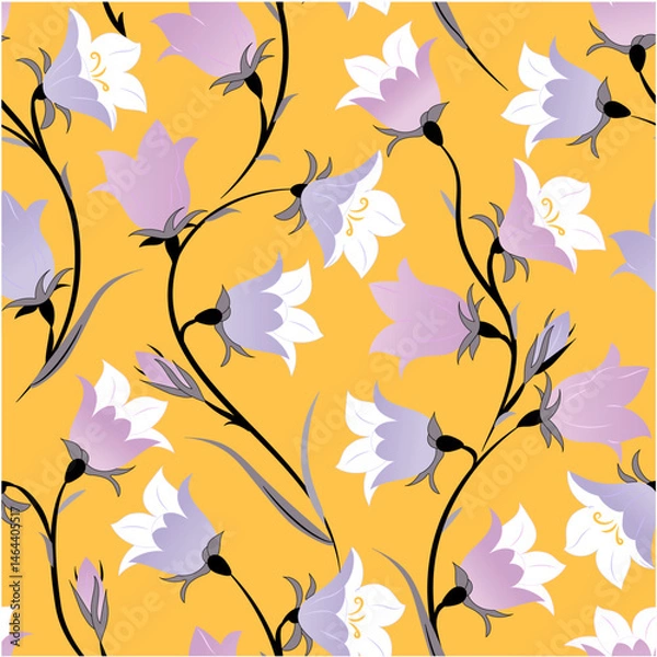 Fototapeta Abstract drawn flowers on yellow background. Seamless vector drawing. Vintage print with small bells. Retro textile collection.
