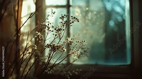 Obraz Soft, delicate flowers by a window pane.