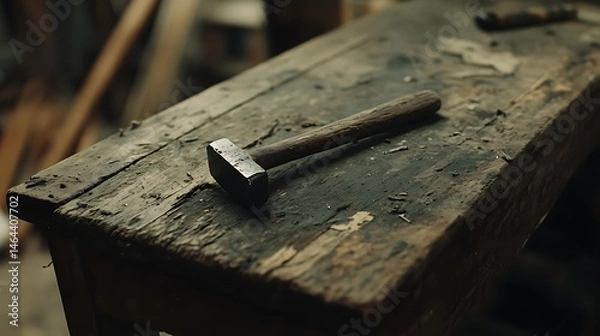 Obraz A worn, aged wooden workbench with a hammer resting upon it.