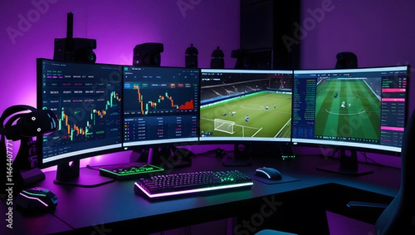 Fototapeta This high-resolution image captures a modern, high-tech trading room setup that doubles as a gaming workstation. The sleek black desk features four curved monitors