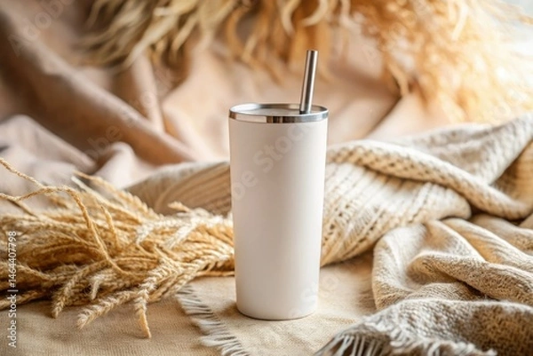 Fototapeta Boho Travel Tumbler Mockup: Beige Background, Straw, High Depth of Field
