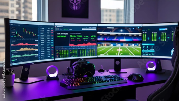 Fototapeta This high-resolution image captures a modern, high-tech trading room setup that doubles as a gaming workstation. The sleek black desk features four curved monitors
