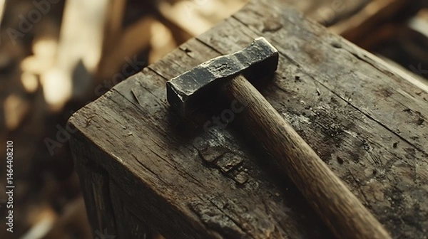 Obraz Dark metal hammer resting on rustic wooden workbench.