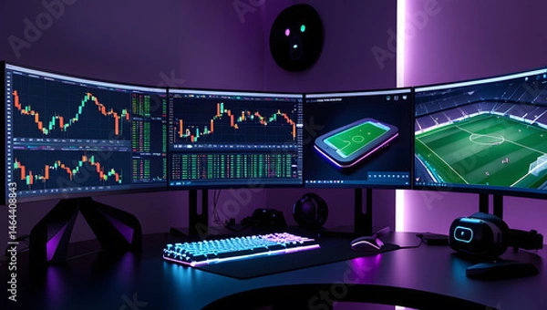 Fototapeta This high-resolution image captures a modern, high-tech trading room setup that doubles as a gaming workstation. The sleek black desk features four curved monitors