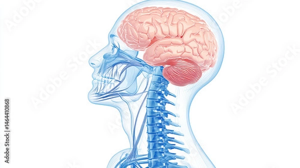Fototapeta Detailed side view of human brain and spinal cord anatomy with focus on brain tissue and cervical spine in a medical illustration style