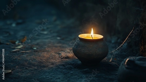 Obraz A dark scene illuminated by a single candle in a clay vessel.