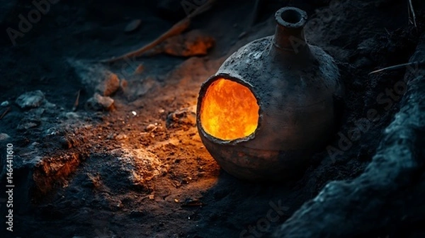 Obraz Illuminated earthenware vessel by a crackling campfire.
