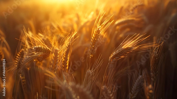 Fototapeta close-up of wheat ears with pre-sunset lighting, wheat background
