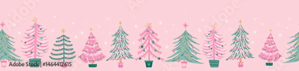 Obraz Tacky Christmas Trees seamless pattern, hand drawn with decoration like tinsel, baubles, stars and snow flakes - great for textiles, wallpapers, wrapping - vector design