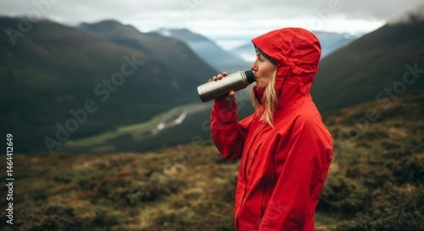 Fototapeta Woman in red jacket drinking from thermos with mountain view in background