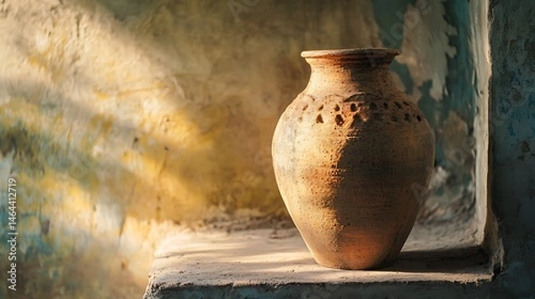 Obraz Aged terracotta pot on a weathered shelf.
