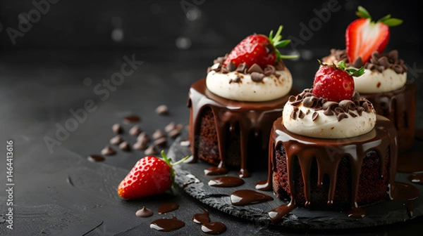 Fototapeta Close-up of chocolate cakes on a black background with copy space