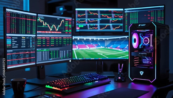 Fototapeta This high-resolution image captures a modern, high-tech trading room setup that doubles as a gaming workstation. The sleek black desk features four curved monitors