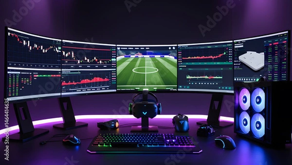 Fototapeta This high-resolution image captures a modern, high-tech trading room setup that doubles as a gaming workstation. The sleek black desk features four curved monitors