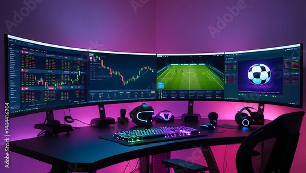 Fototapeta This high-resolution image captures a modern, high-tech trading room setup that doubles as a gaming workstation. The sleek black desk features four curved monitors