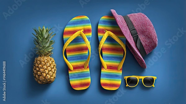 Obraz vibrant summer essentials layout on a bold blue surface.