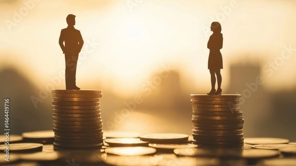 Fototapeta Silhouette of man and woman standing on stacks of coins representing gender pay inequality concept
