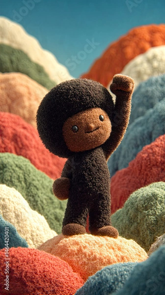 Obraz Adorable plush character with afro raises fist in celebration, standing proudly on colorful textured hills, symbolizing freedom, pride, and joy in honor of Juneteenth