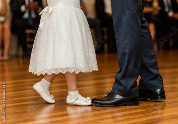 Fototapeta A little girl in white dress dancing with a man in a suit on a wooden dance floor at a wedding party