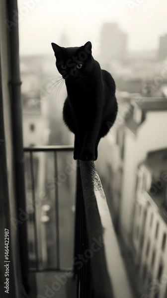 Obraz Cat Noir balancing on a narrow railing above the city