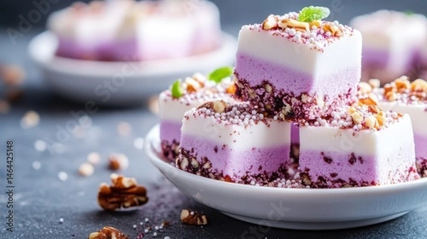 Fototapeta This image showcases a close-up of colorful dessert squares, layered in shades of purple and white, garnished with nuts and vibrant sprinkles on a stylish plate.