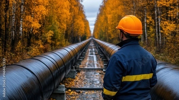 Fototapeta Worker observing long pipeline in autumn forest energy infrastructure