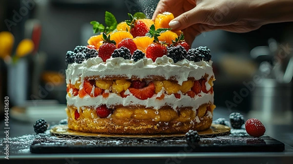 Obraz A Hand Dusting Powdered Sugar on a Layered Fruit Cake