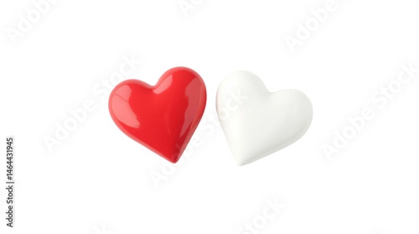 Fototapeta Two Heart Symbols—One Vibrant Red and One Soft White—Placed Diagonally on a Clean White Background Creating a Harmonious Contrast