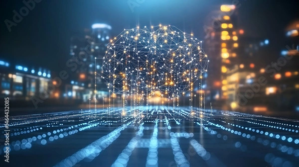 Fototapeta Abstract Digital Brain Network over Glowing Cityscape at Night