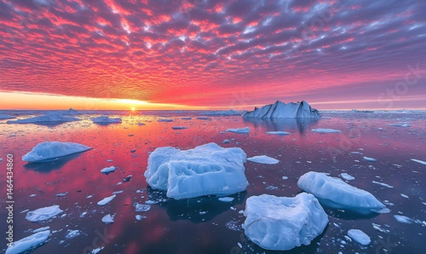 Obraz Arctic Ocean Sunset with Pink Clouds and Icebergs
