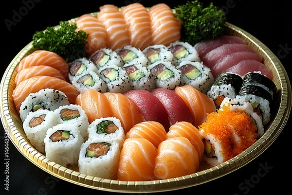 Fototapeta Assorted Sushi and Sashimi Platter on a Gold Tray