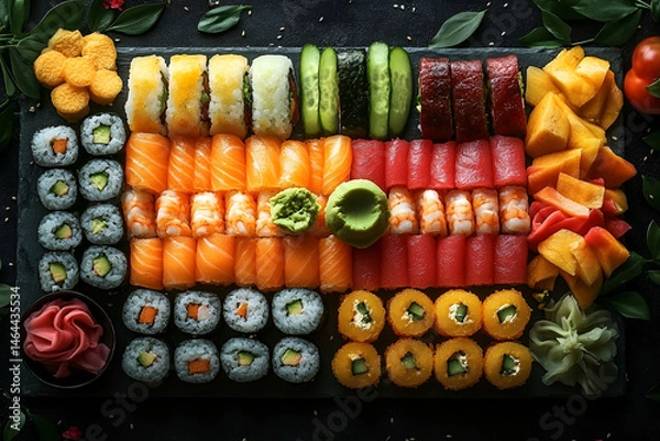 Fototapeta Assorted Sushi Platter with Seafood Rolls and Mango Garnish