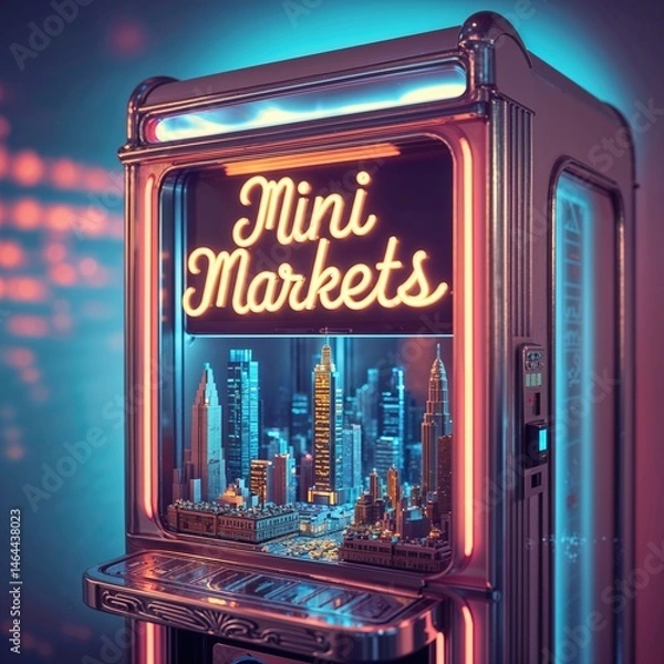 Obraz A brightly lit vending machine showcases mini markets with a vibrant city skyline. The neon lights add a modern touch, emphasizing the fusion of technology and commerce after dark