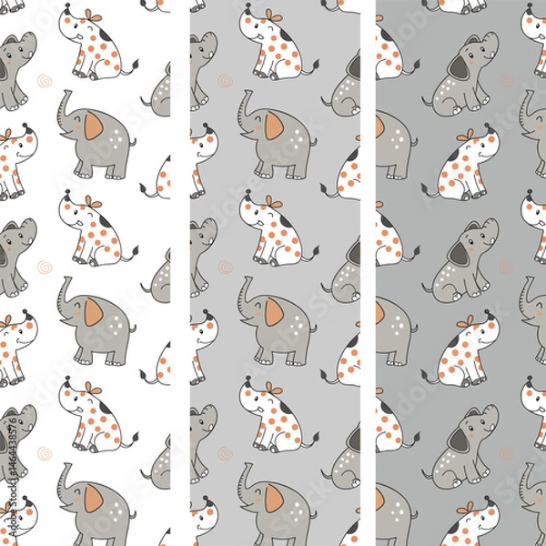Fototapeta Design patterns with cute cartoon animal ornaments of dogs, elephants and cows 