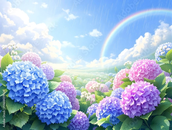 Obraz 雨の残る青空と虹をバックに青からピンクの紫陽花の花々
