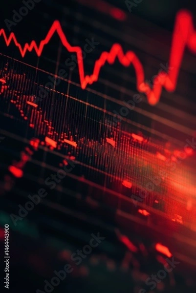 Fototapeta Stock market decline with red graph line on financial charts, economic crisis visualization, investment loss analysis, trading downturn, bearish trend in finance.