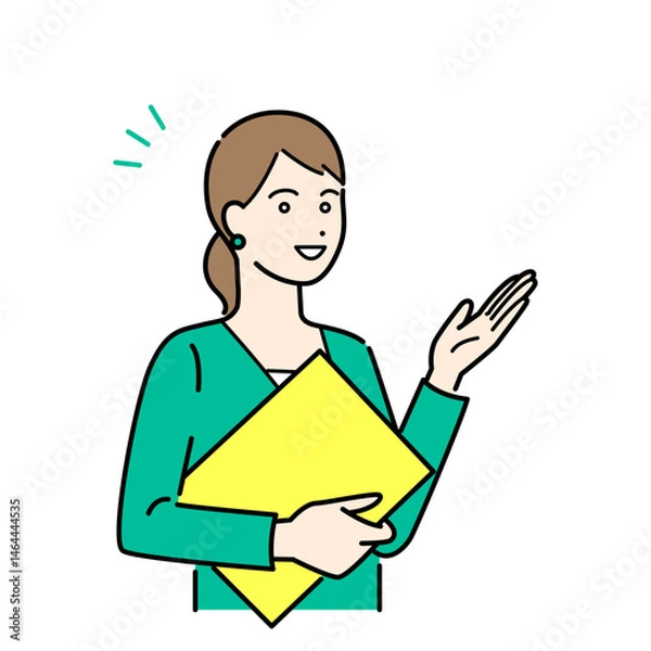 Obraz バインダーを抱えて説明するビジネススーツの女性のシンプルな上半身ベクターイラストセット